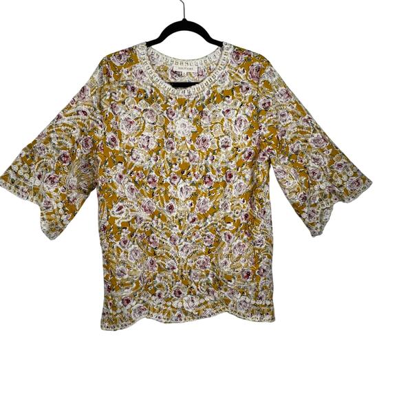 Solitaire Boho Floral Embroidered Tunic Blouse Crew Neck 3/4 Bell Sleeve Size M - Picture 1 of 8